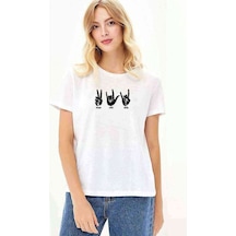 Peace Love Rock Baskılı Beyaz Kadın Tshirt