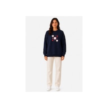 Herkesemoda Kalp Baskı Detaylı Şardonlu 2 İplik Bisiklet Yaka Sweatshirt Lacivert