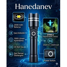 Profesyonel Şarjlı El Feneri 1500 Lümen 20w Zoom Özellikli Şarj Göstergeli Kamp Feneri 2000 Mah Pil Siyah