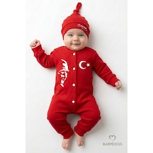 Babyden's 2 Li Bebek Tulum Seti, İlk 23 Nisan Bayramı Atatürk Baskılı Yenidoğan Bebek Tulum Şapka Set Unisex Kırmızı