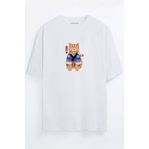 Anime Kedi Baskılı Unisex Beyaz Oversize T-shirt Beyaz