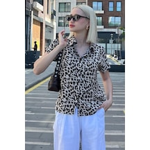 Madmext Ekru Leopar Desenli Kısa Kollu Kadın Gömlek Mg2098-ekru Ekru