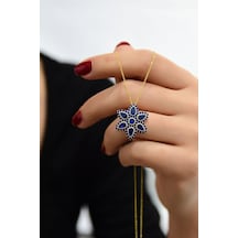 925 Ayar Gümüş Altın Kaplama Safir Damla Lotus Kolye