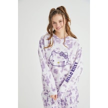 Hello Kitty Lisanslı Batik Kapüşonlu Sweatshirt Pijama Üstü Renkli