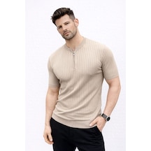 Erkek Kısa Kol Fitilli Triko T-shirt Yazlık Hakim Yaka Tişört - Bej
