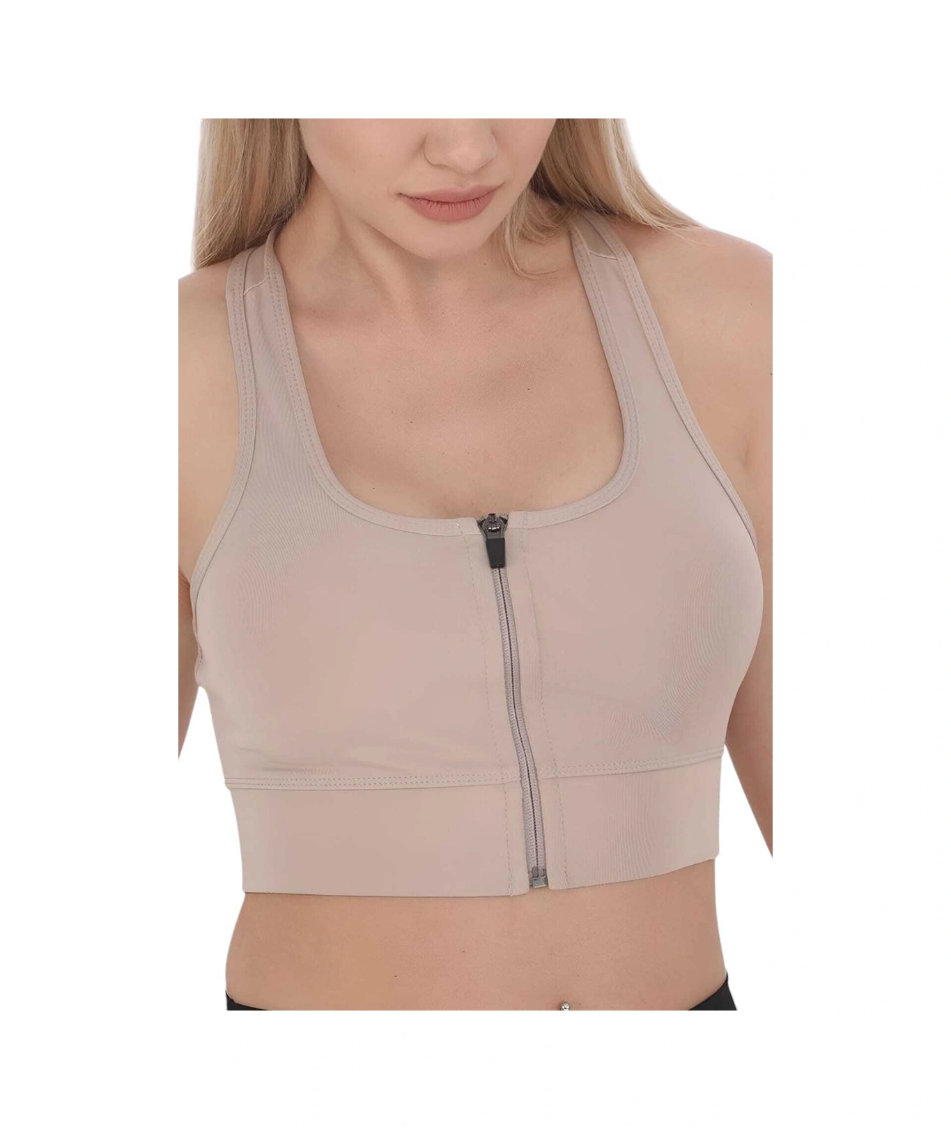 Tezzgelsin Kadın Fermuarlı Sporcu Crop Kadın Büstiyer Bej