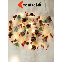 Yenigeldi Işıklı Yılbaşı Çelengi Led Gün Işık, Çam Kozalaklı Ve Meyveli Dekorasyon, Yeşil Diğer