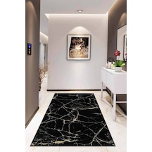 Siyah Mermer Desenli Kaymaz Tabanlı Dekoratif Halı Rv118n11