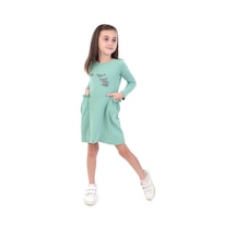 Toontoy Kız Çocuk Baskılı Relax Fit Bisiklet Yaka Uzun Kollu Cepli Elbise - Yeşil