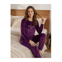 Kadın Uzun Kollu Manşetli Likralı Soft Kadife Pijama Takımı Mürdüm
