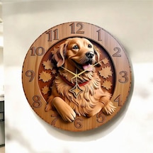 Ahşap Renkli Baskı Golden Köpek Desenli Kabartma Görünümlü Hediyelik Ahşap Sessiz Duvar Saati 50cm ÇOk Renkli
