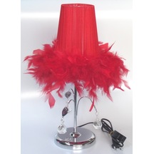 Kırmızı Tüylü Taşlı Abajur Yatak Odası Abajuru Kırmızı