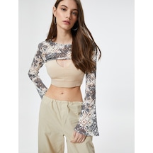 Koton Ajurlu Crop Bolero Tişört Uzun Geniş Kollu Batik Desenli Antrasit Desenli 4sal10132ık 4SAL10132IK9D3 Çok Renkli