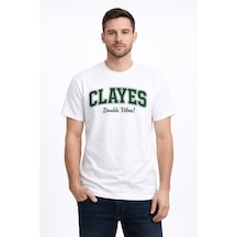 Clayes Double Vibes Baskılı Erkek Tişört %100 Pamuk T-shirt Oversize Bisiklet Yaka Günlük Tshirt Beyaz