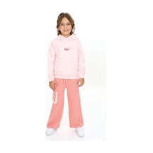 Toontoy Kids Toontoy Kız Çocuk 2'li Takım Baskılı Kapüşonlu Sweatshirt & Beli Lastikli Bol Paça Cepli Eşofman Altı - Renk Bloklu & 2 İplik Pudra