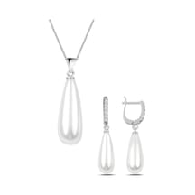 Gümüş Uzun Damla Model Kolye Küpe Inci Set