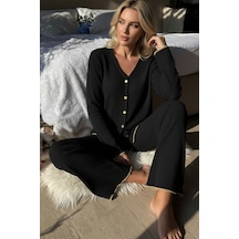 Angbutik Premium Kadın Fitilli Pijama Takımı Siyah Gold Biye Detaylı, Yumuşak Dokulu Ev Şıklığı