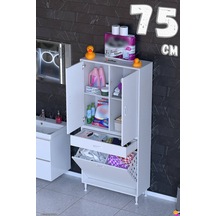 Yeni Afra 75 Cm 2 Gözlü Kirli Çamaşır Sepet, 2 Kapak Ve Çekmeceli 4 Raflı Çok Amaçlı Banyo Dolabı Beyaz