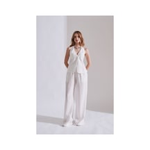 Rabia Çelik Kadın Beyaz Yelekli Keten Kumaş Alt Üst Takım Beyaz beyaz
