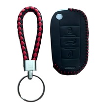 Autohan Keys Peugeot Anahtar Kılıfı İçin Uyumlu, Siyah Deri, Kırmızı Örgülü, 3 Butonlu, Sustaıı Tasarım, 301 307 308 208 508 2008 3008 Partner Van Modelleri