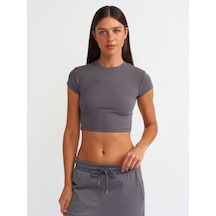 Dilvin Vücuda Oturan Crop Top Füme
