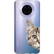 Huawei Mate 30 Uyumlu Kapak Catface Tasarımlı Şeffaf Silikon Kılıf Şeffaf