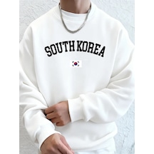 Tarzsokak Güney Kore Bayrağı Baskılı Erkek Sweatshirtleri Kışlık Bisiklet Yaka Kapüşonlu Üstler Sokak P Beyaz