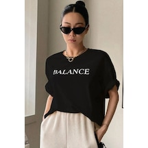 Balance Yazılı T-shirt - Siyah Baskılı Oversize Bisiklet Yaka Kısa Kol Tişört Siyah