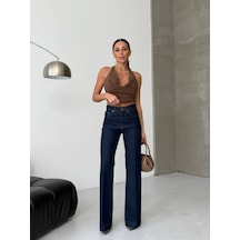 Herton Yüksek Bel %100 Pamuklu Bol Paça Denim Pantolon - Premium Jean Lacivert