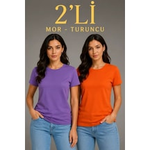 Efnaz Style Basic Bisiklet Yaka Yazlık Slim Fit T-shirt - Mor - Turuncu Çok Renkli