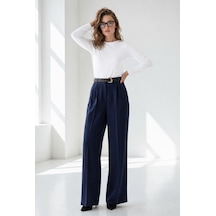 Madmext Lacivert Yüksek Bel Pileli Kemerli Geniş Paça Kadın Pantolon Mg2615