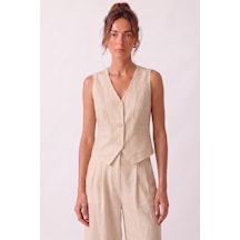 Goffra Kadın Terra %100 Keten Yelek Yazlık Nefes Alabilen Latte W301-k0402-02