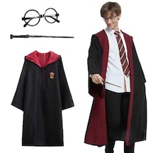 Harry Potter Gryffindor Kapişonlu Çocuk Kostüm + Asa + Gözlük Seti 7-8 Yaş 5615