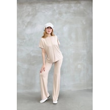 Supplierby Osy Modal Yumuşak Dokulu Kumaş Bisiklet Yaka Kısa Kollu Takım - Bej Bej