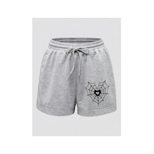 Tarzsokak Halloween Spider Web & Heart Print Drawstring Waist Şort Gri