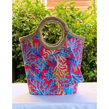 Jüt Hasır Rengarenk Mercan Plaj Çantası Çok Renkli