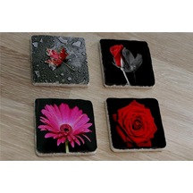 Kırmızı Gül Ve Gerbera Doğal Taş Bardak Altlığı 4'lü Set Taş Kırmızı