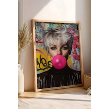 Pembe Sakız Balonu Patlatan Kadın Grafiti Çerçeveli Tablo - Pop Art Poster Tablo