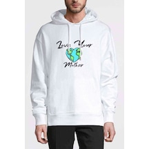 Mother Earth Love Your Mother Baskılı Beyaz Erkek Kapşonlu Sweat