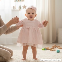 Ürünya Kız Bebek Uzun Kollu Aksesuarlı Dantelli Tüllü Elbise Pembe