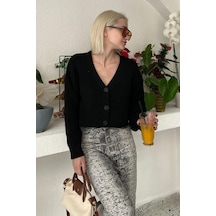 Madmext Siyah Uzun Kollu Düğmeli Crop Hırka Mg2198 Siyah