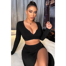 Kadın Siyah Uzun Kol Göğüs Ve Göbek Dekolteli Fermuarlı Crop Top Bluz
