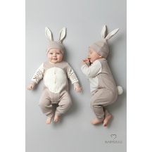 Babyden's Bebek Tavşanlı Tulum Şapka Set %100 Pamuklu Çıtçıtlı,ayarlanır Ponponlu Unisex Yenidoğan Tulum Seti Bej