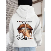Of Coffee Lips Sweatshirt - Beyaz Baskılı Oversize Kalın Kışlık Kapüşonlu Beyaz