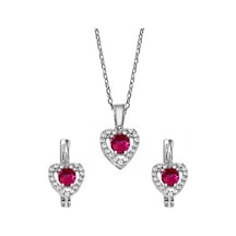 Kalp Motifli Ruby Zirkon Taşlı Gümüş Set - S016802