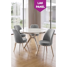 Natre Serisi 90x90 Lak Panel Beyaz Mermer Desen Krom Ayaklı Mutfak Masası Takımı Ve 4 Sandalye Beyaz Mermer Masa Gri Sandalye