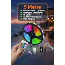 5 Metre Rgb Led Şerit Işık Ip65 Dış Mekan Su Geçirmez Kumandalı Adaptör Dahil Çok Renkli Animasyonlu Led Şerit