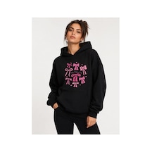 Herkesemoda Minik Kurdeleler Baskılı Kapüşonlu 2 İplik Şardonlu Sweatshirt Siyah