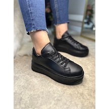 Günlük Kadın Sneaker Bağcıklı Hafif Kalın Yüksek Tabanlı Leopar Detaylı Yürüyüş Spor Ayakkabı 065 Siyah