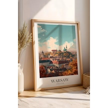 Warsaw Poland Vintage Seyahat Posteri Çerçeveli Tablo - Premium Varşova Elit Duvar Dekoru Kayın